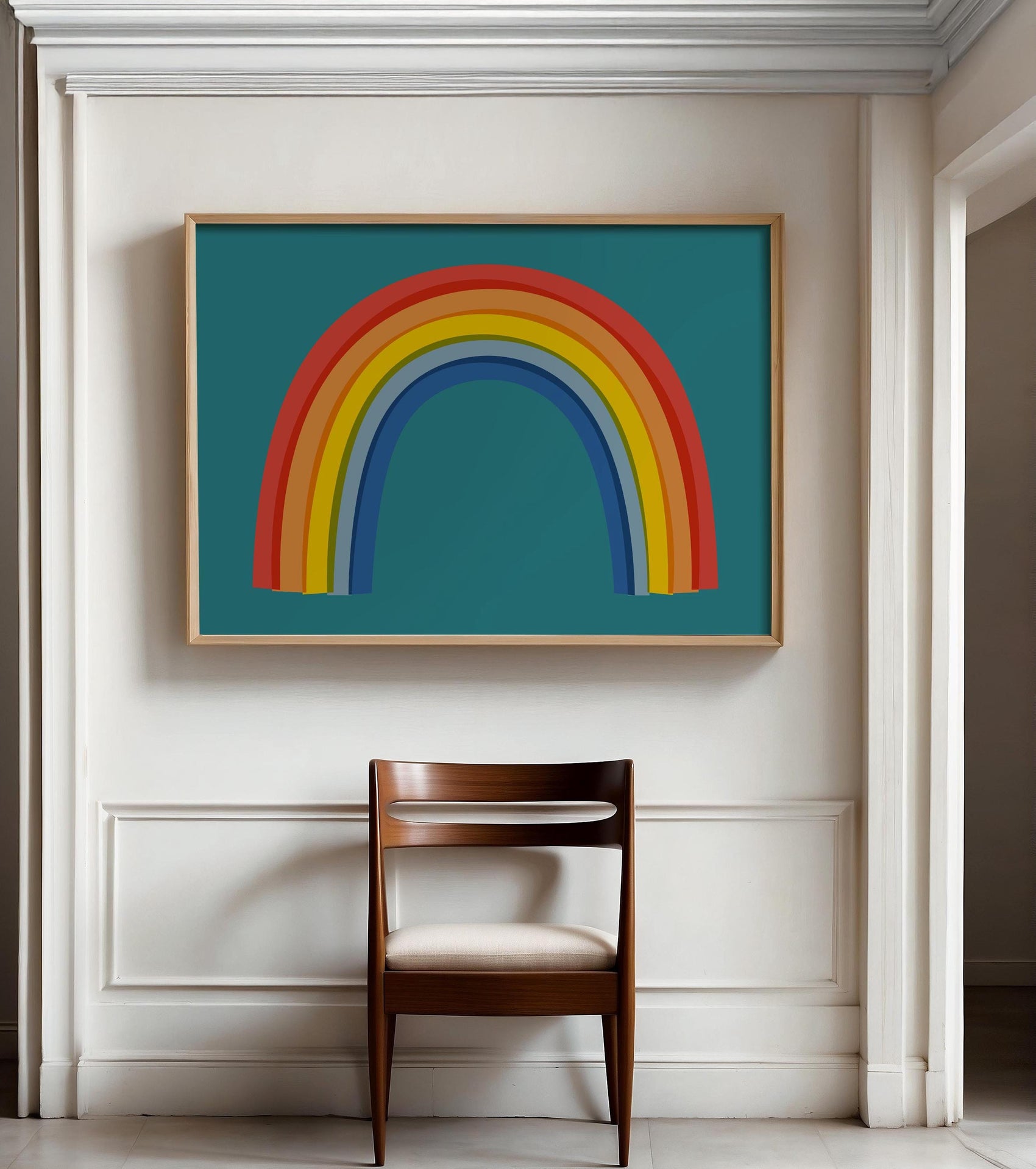 Rainbow On Teal Wall Art Print - Colorful Kids Room Room Art