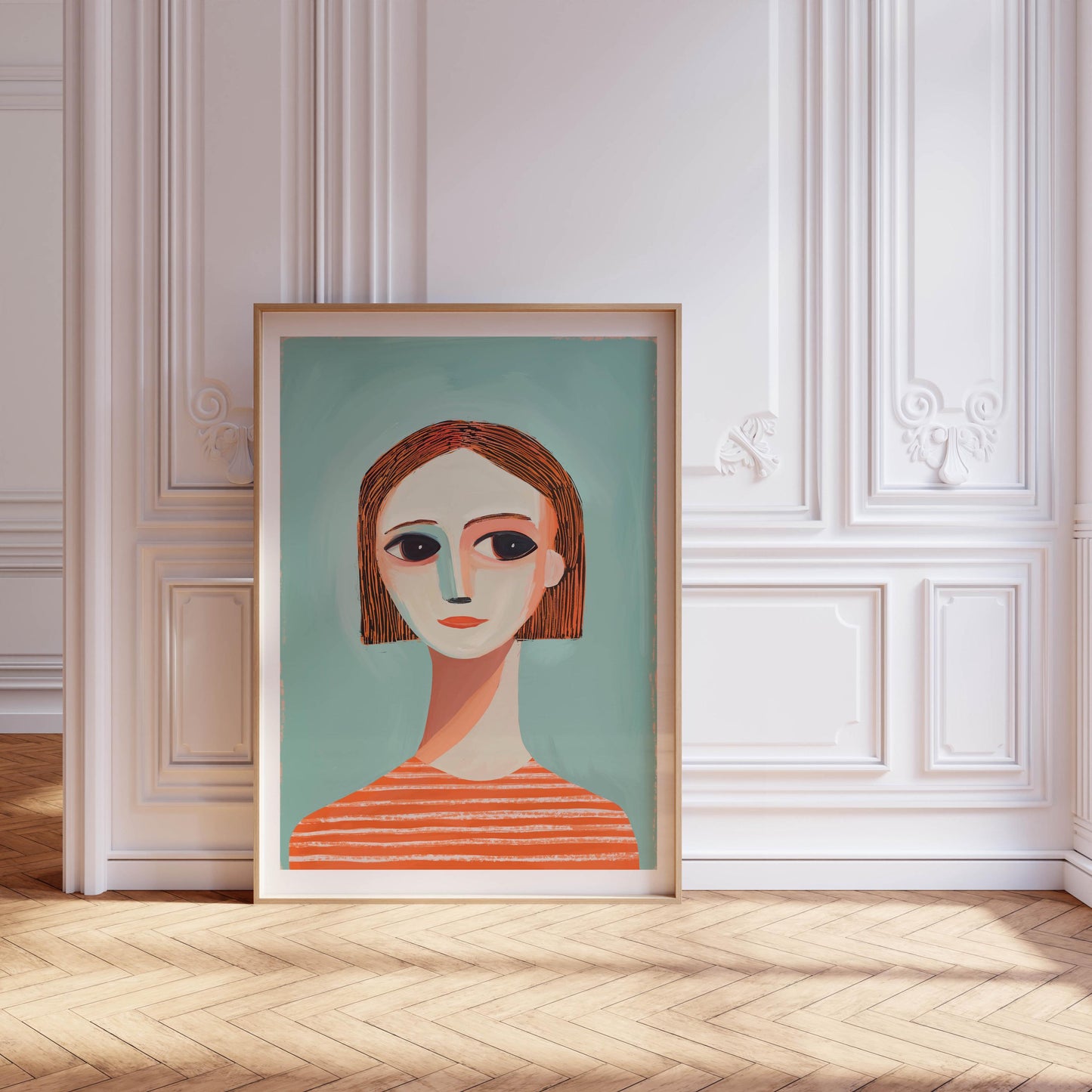 Modern Girl Portrait Print - Abstract Figurative Blue and Peach Art