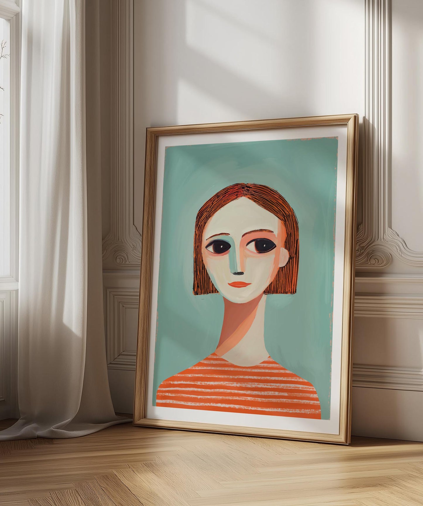 Modern Girl Portrait Print - Abstract Figurative Blue and Peach Art